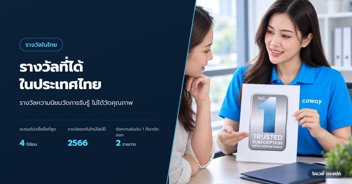 ปก รางวัล Coway ในไทย อ่านชื่อรางวัลและปีให้ตรงกัน — ตัวแทนอธิบายข้อมูลจากตรารางวัลความน่าเชื่อถือของแบรนด์ที่บริษัทเผยแพร่