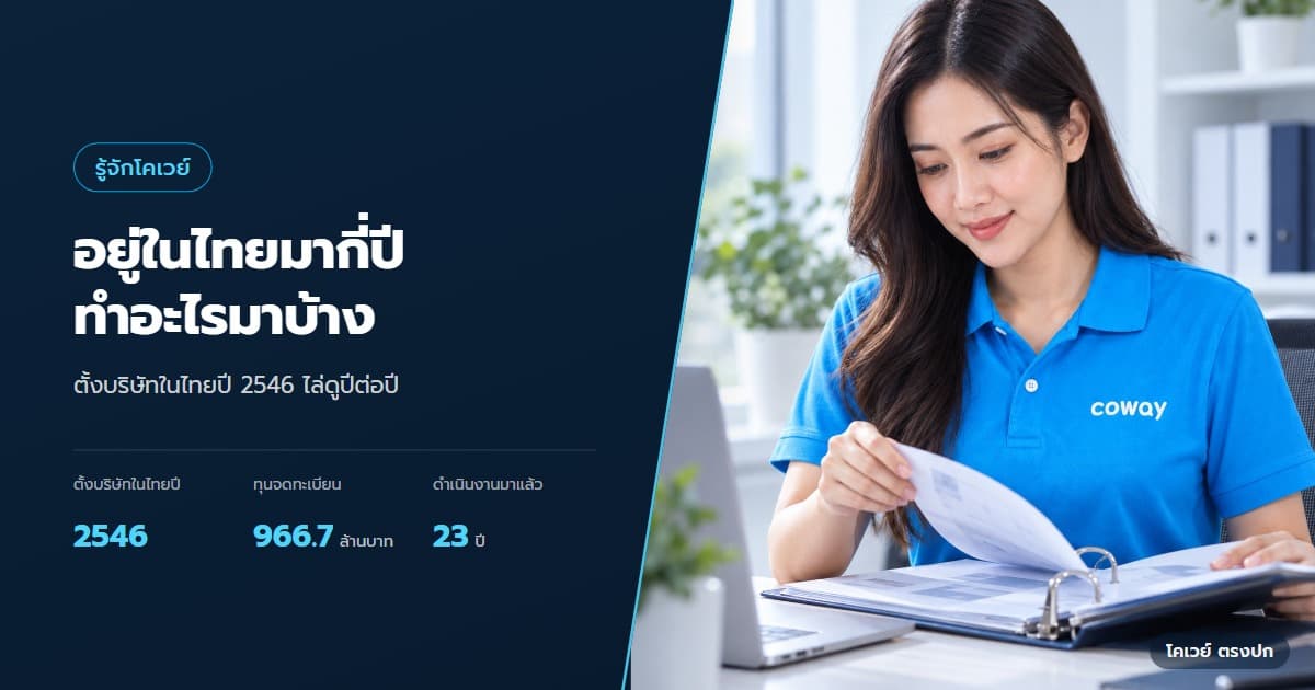 ปก ประวัติ Coway ประเทศไทย ตั้งแต่ปี 2546 ถึงปัจจุบัน — ตัวแทนทบทวนข้อมูลประวัติแบรนด์จากแฟ้มเอกสาร