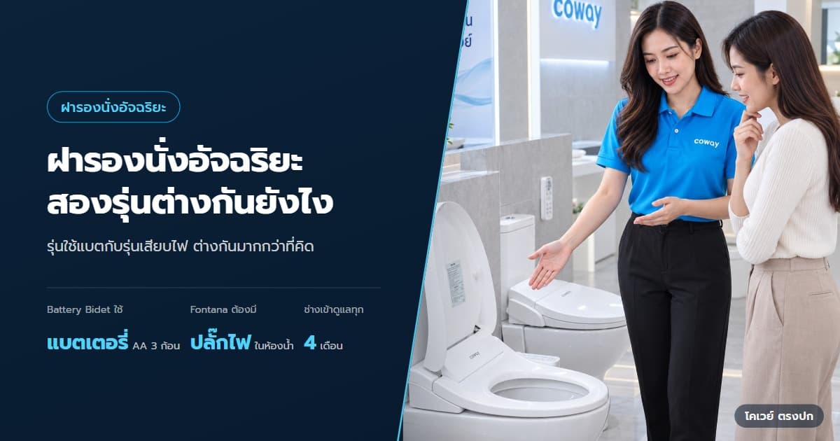 ภาพปกบทความ ฝารองนั่ง Coway Battery Bidet กับ Fontana เลือกแบบไหนดี ตัวแทนโคเวย์แนะนำ Battery Bidet และ Fontana ในฉากใช้งานที่จัดวางตามขนาดสินค้าจริง