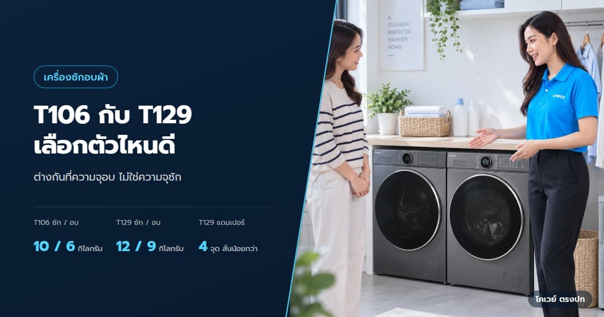 ภาพปกบทความ Coway T106 กับ T129 ต่างกันอย่างไร เลือกความจุซักและอบ ตัวแทนโคเวย์แนะนำ T106 และ T129 ในฉากใช้งานที่จัดวางตามขนาดสินค้าจริง