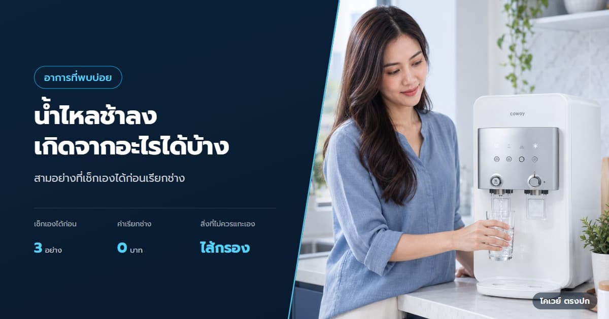 ปก เครื่องกรองน้ำ Coway น้ำไหลช้า ควรเช็กและแจ้งอะไร — เจ้าของบ้านตรวจการไหลของน้ำจากเครื่องลงในแก้ว NEOPLUS