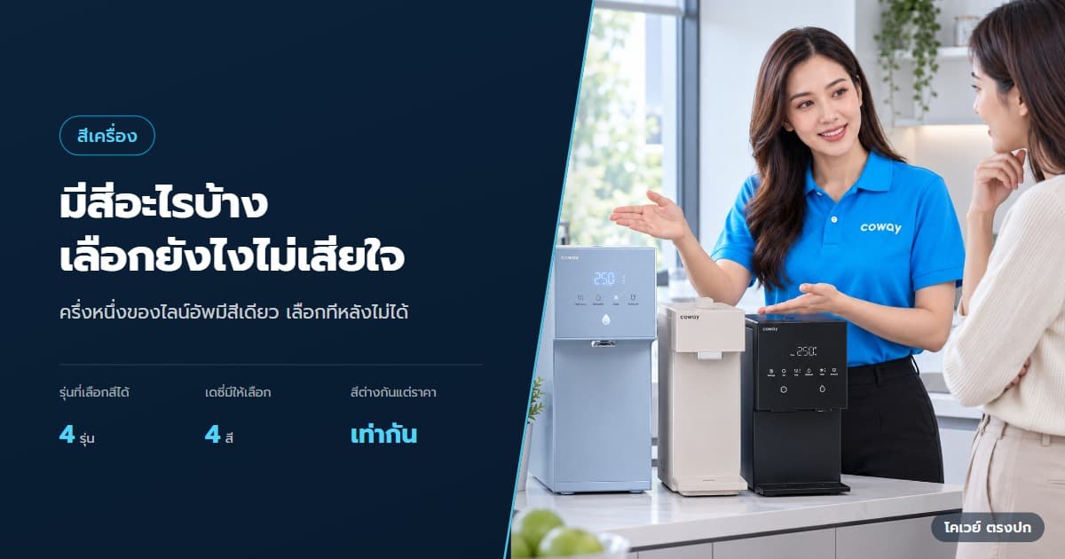 ภาพปกบทความ เครื่องกรองน้ำ Coway มีสีอะไรบ้าง เลือกให้เข้ากับครัว ตัวแทนโคเวย์แนะนำ Dazzie และ SWITCH และ MY ICE ในฉากใช้งานที่จัดวางตามขนาดสินค้าจริง