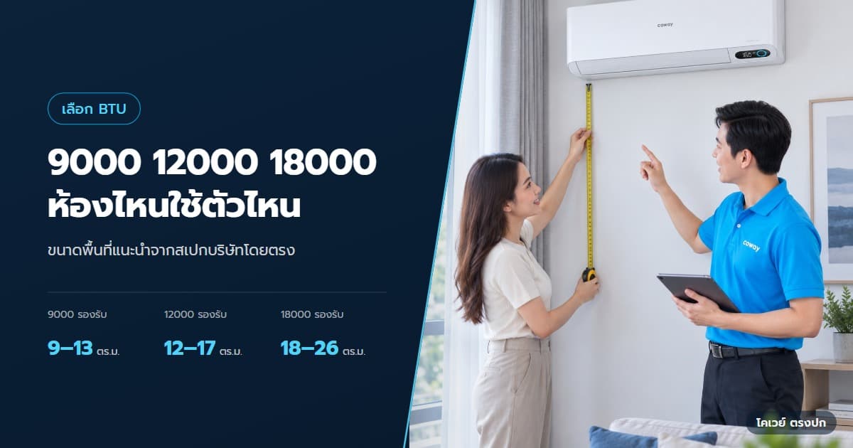 ปก แอร์ Coway 9000 12000 18000 BTU ใช้กับห้องขนาดไหน — ลูกค้ากับตัวแทนวัดพื้นที่ห้องก่อนเลือกเครื่อง Beyond Cool 12000