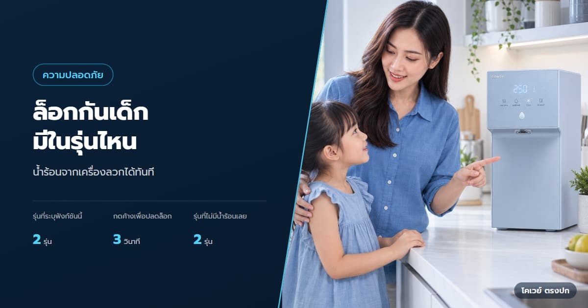 ปก ล็อกน้ำร้อนเครื่องกรองน้ำ Coway บ้านมีเด็กควรเช็กอะไร — ผู้ปกครองดูแลเด็กให้อยู่ห่างจากจุดจ่ายน้ำ Dazzie