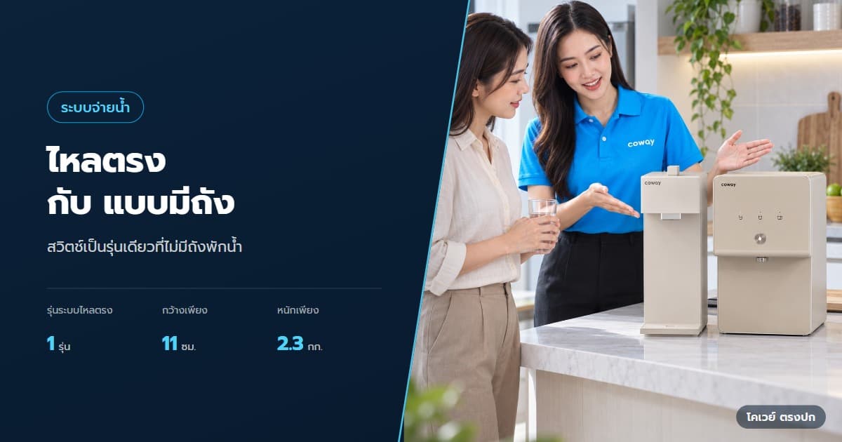 ภาพปกบทความ เครื่องกรองน้ำไหลตรงกับมีถังพัก ต่างกันอย่างไร ตัวแทนโคเวย์แนะนำ SWITCH และ CINNAMON ในฉากใช้งานที่จัดวางตามขนาดสินค้าจริง